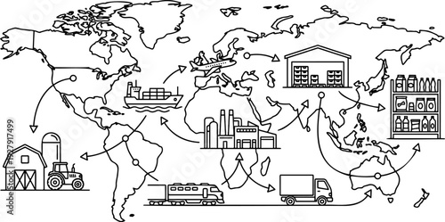 Line art vector of a global supply chain and logistics concept with a world map and transport