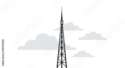 Telecommunication tower with antenna against a cloudy sky.