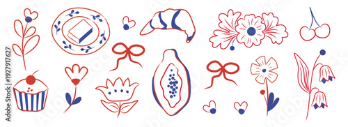 Set of spring summer stickers. Icons for tropical vacation. Seasonal outline ink elements collection. Fruits, flower, leaves, tulip, papaya, bow, ribbon, croissant, cupcake, cherry, cafe accessories.