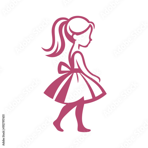 Logotipo de boutique de moda femenina. Dibujo sencillo con líneas de una niña andando con un vestido, vista de perfil 