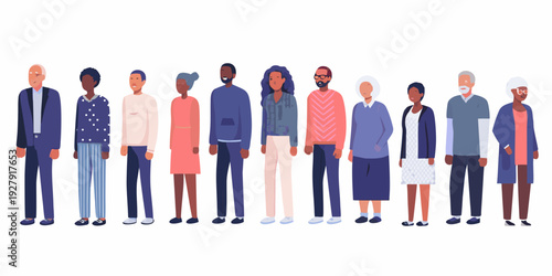 Diverse group of people standing in a row illustrated vector design