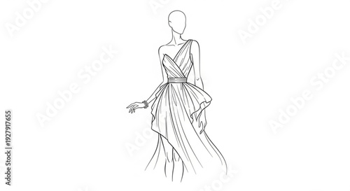 Elegant woman in flowing evening gown sketch fashion illustration with draped dress and belted waist minimalist line art on white background