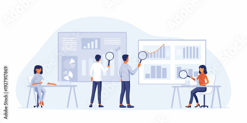 Team analyzing data and charts in a modern office environment