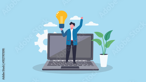 Man celebrating a bright idea emerging from a laptop screen