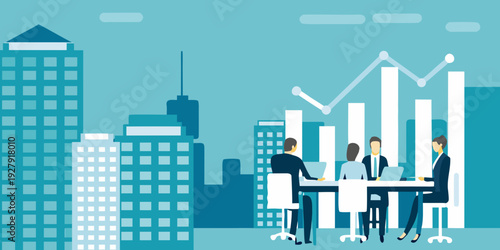 Business professionals meet in a modern city setting with growth charts