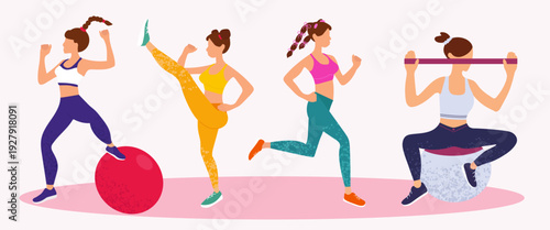 Set of exercises for women. Fitness, yoga, running. Athletes training in the gym and at home. Concept of healthy lifestyle and motivation.