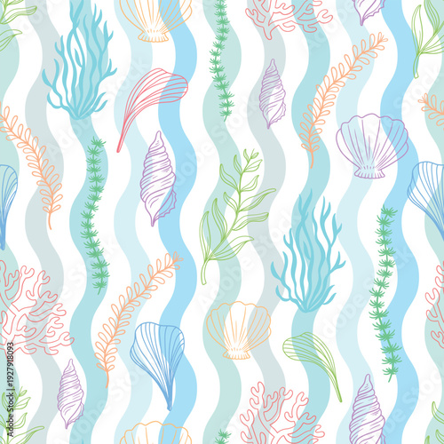 Tropical sea corals and seaweed seamless pattern on blue wave background