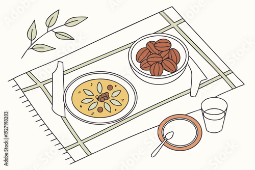 Minimalist Iftar dining table arrangement with soup, dates, and drink, perfect for Ramadan celebrations.