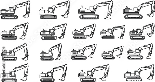 Excavator Construction Machine Line Icons Set Featuring Crawler Digger Variations Heavy Equipment Industrial Engineering Vector Collection