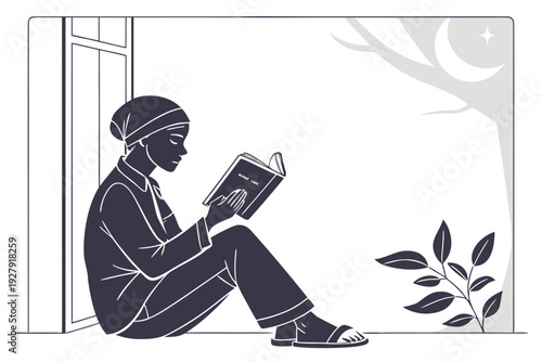 Person wearing a hijab reading a book while sitting by a window with a plant nearby