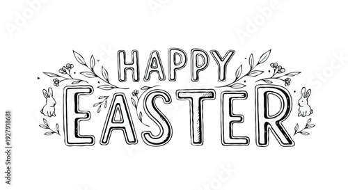 Happy Easter coloring page style line art with bunnies and leaves