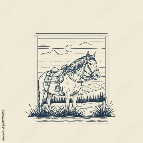 A detailed line art illustration of a saddled horse standing in a natural landscape.