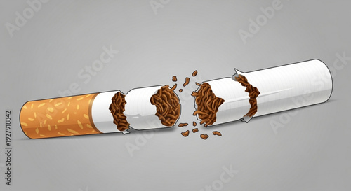 Broken cigarette with tobacco spilling out on gray background symbolizing quitting smoking and health risks