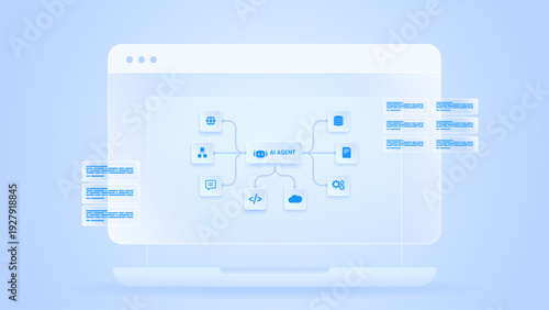 AI workflow automation artificial intelligence. ai agent workflow diagram dashboard flow process nodes, database, coding, and automation system integration.