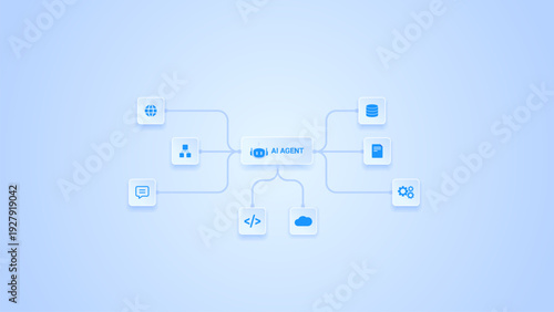 AI workflow automation artificial intelligence. ai agent workflow diagram processing nodes, coding, cloud and system integration.