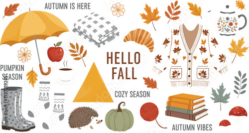 Hello Fall Cozy Autumn Collection with Sweater, Umbrella, Pumpkin, Books and Leaves Seasonal Vector Illustration Set