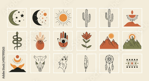 Bohemian Desert Boho Style Icons and Symbols Collection.