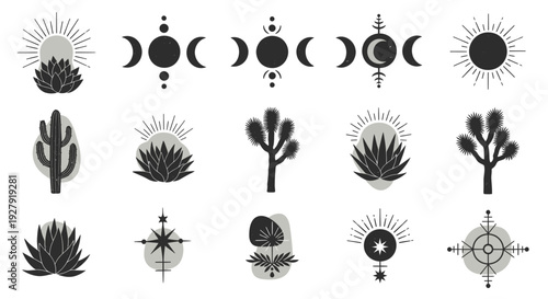 Photos Bohemian Desert Sun Moon Cactus and Star Symbols Collection.