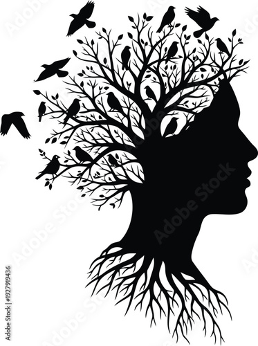 Black silhouette of a human head with tree branches and birds
