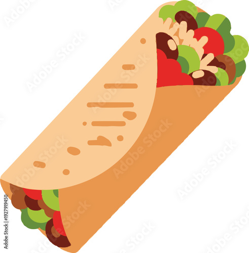 Flatbread wrap filled with lettuce tomato meat and sauce burrito food meal