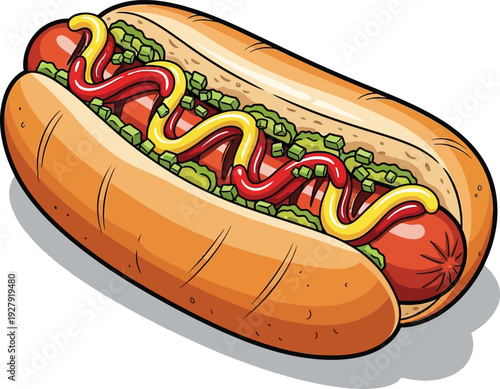 Cartoon hot dog with ketchup and mustard on a bun