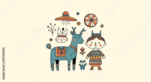 Charming Folk Art Illustration with Children and Llama.