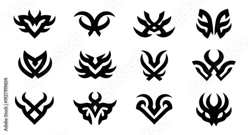 Collection of abstract tribal tattoo designs in black and white.