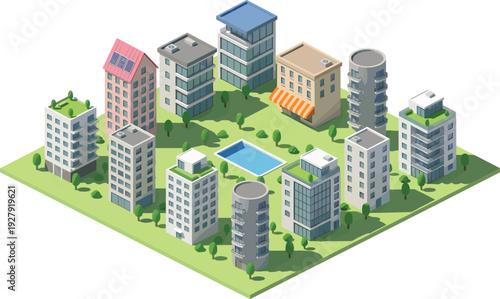 Aerial view of a residential complex with various multi-story buildings and a swimming pool on green grounds