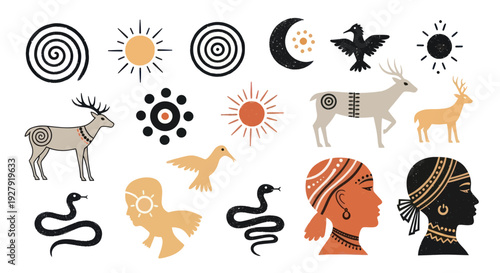 Collection of Ancient Tribal Symbols and Animal Silhouettes.