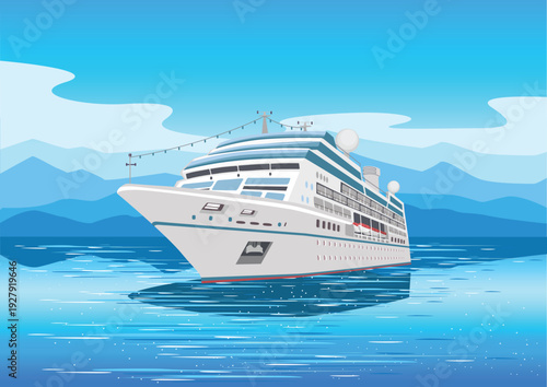 White cruise liner sailing on the sea. Summer vacations and travel. Hand-drawn vector illustration.