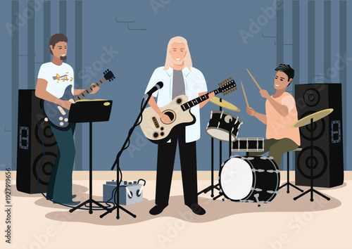 A group of cheerful musicians rehearsing or performing on stage. A soloist at the microphone, a guitarist, and a drummer. Hand-drawn vector illustration.