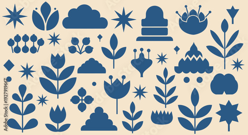 Collection of Blue Folk Art Inspired Floral and Abstract Shapes.