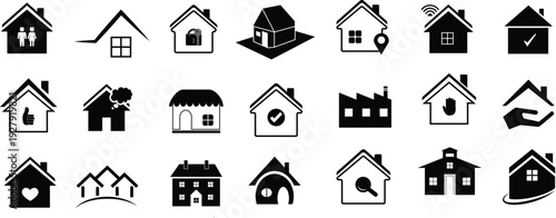 Collection of 21 black and white house icons featuring diverse architectural styles, property symbols, and real estate concepts like home security and family living.