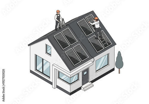 Installation of solar panels on a house roof with technicians working on them