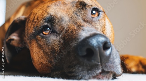 The dog resting with soulful eyes lying on a soft indoor surface
