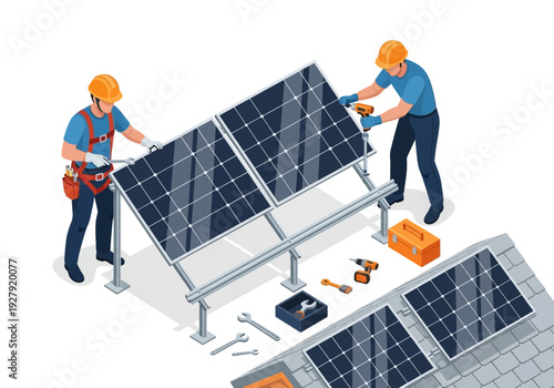 Technicians Installing Solar Panels on a Rooftop for Renewable Energy