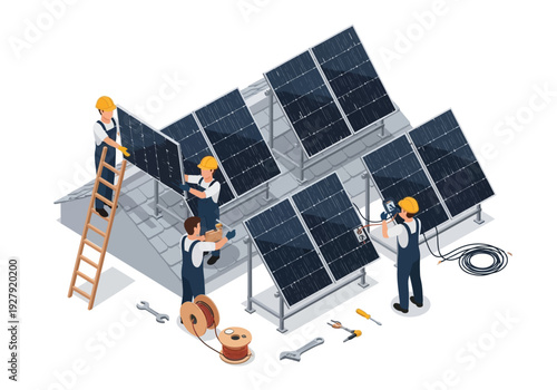 Installing Solar Panels A Team of Workers Engaged in the Assembly and Setup of Photovoltaic Energy Systems