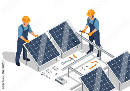 Solar panel installation and maintenance team working together with tools and equipment