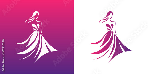 Logotipo de boutique de moda femenina. Dibujo sencillo con la silueta de una mujer con un vestido de color violeta, vista de frente 