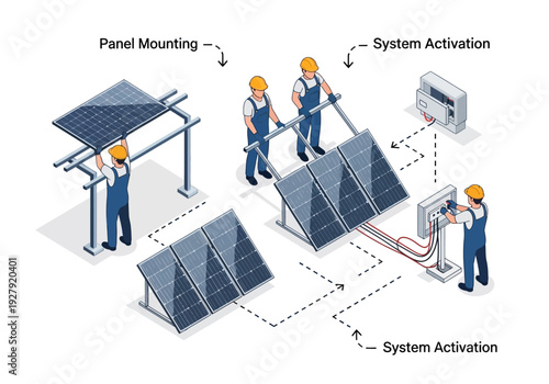 Solar panel installation process visualized with technicians connecting systems and mounting frames