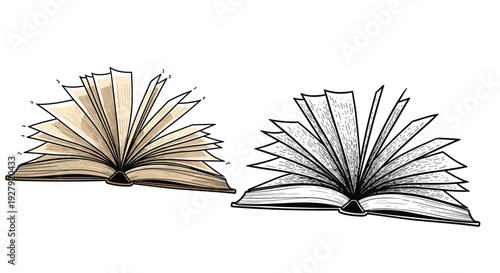A vintage-style illustration of an open book with fluttering pages, shown in both color and black-and-white engraving styles.