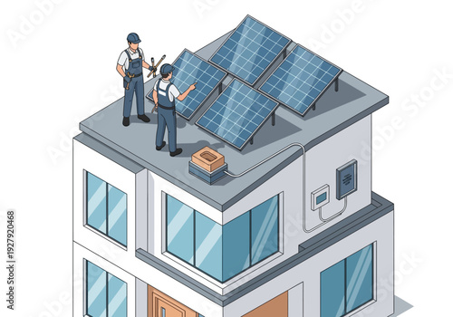 Two workers installing solar panels on the roof of a modern house, illustrating renewable energy solutions