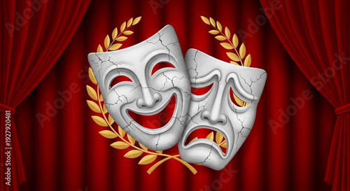 Theatrical comedy and tragedy masks on red curtain background with gold laurel wreath symbolizing drama and performance art