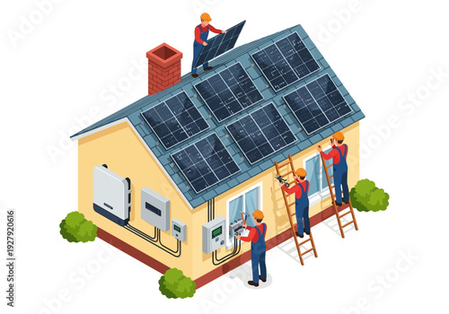 Solar panel installation on a house roof by a team of workers, representing renewable energy and sustainable living