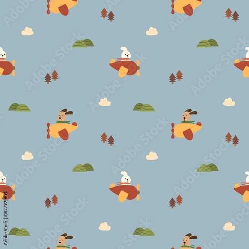 Dog and rabbit on airplane cartoon so cute. On tree cloud mountain background. Pattern seamless vector illustration. 
