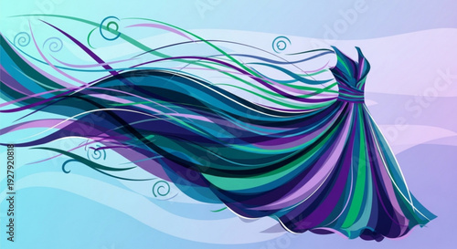 Woman wearing a flowing multicolored dress with purple green and blue hues standing against a gradient background