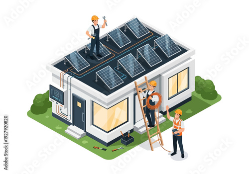 Solar panel installation on a residential house roof by a team of technicians in safety gear, illustrating renewable energy solutions and eco-friendly home improvements