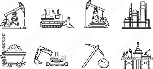 Oil and Mining Industry Line Icons Set Featuring Pumpjack Bulldozer Excavator Refinery Offshore Rig and Extraction Equipment Vector Collection