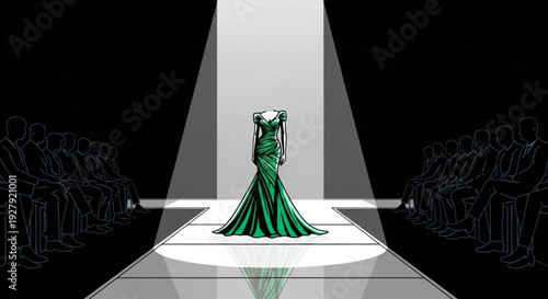 Woman in green evening gown on a catwalk under spotlight with audience in the background at a fashion show event