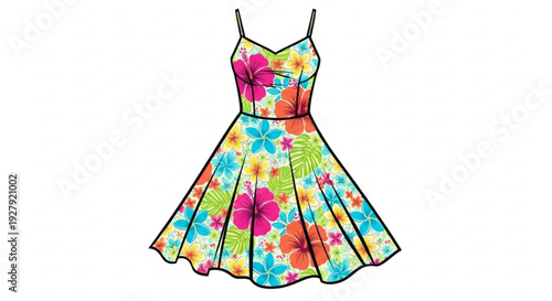 Vibrant floral dress with colorful hibiscus pattern on a sleeveless a line skirt and fitted bodice